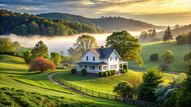 Idyllic rural landscape featuring a classic, white-painted country house surrounded by rolling green hills, lush trees, and a serene, misty morning atmosphere.