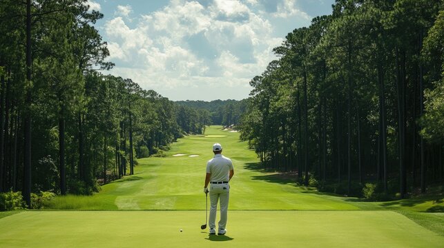 A golfer standing on a tee box with a driver, ready to take the first shot of the round.
