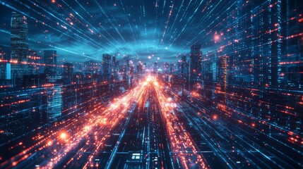 Fototapeta premium A futuristic city with holographic entertainment displays and intelligent AI traffic management
