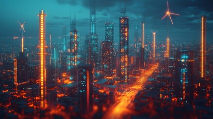 Obraz premium A futuristic energy hub with neon-lit power plants and advanced renewable energy sources