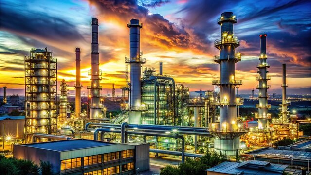 Illuminated oil refinery facility at dusk, with towering stacks and complex network of pipes, emphasizing industrial scale and operational complexity.