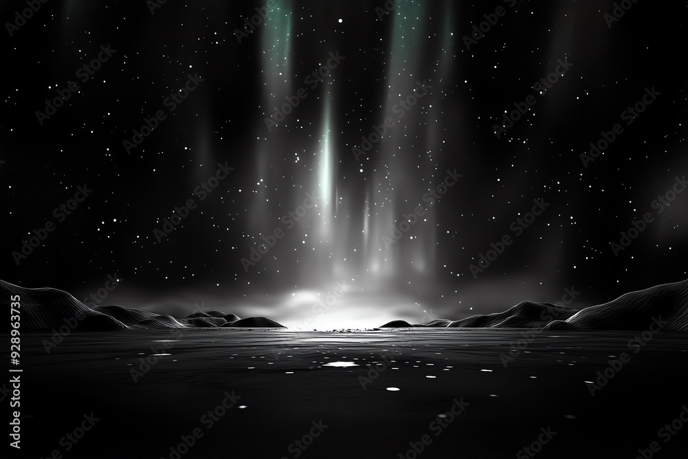 Poster a simple black-and-white depiction of the northern lights, with only faint hints of color breaking t