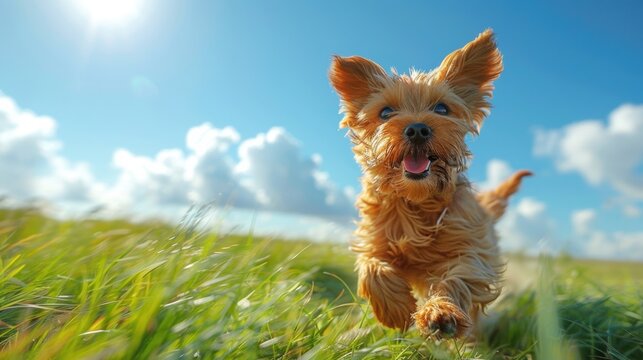 A happy dog running joyfully across a sunlit grassy field, showcasing a lively and energetic scene