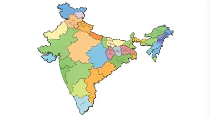 Obraz premium Illustrated editable map of India with bold black outline and white background, perfect for infographics, presentations, and digital designs requiring customization and labeling.