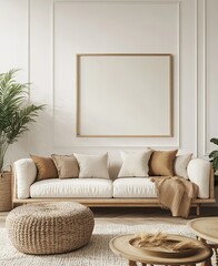 Fototapeta premium Minimalist home interior with frame mockup 3d rendering