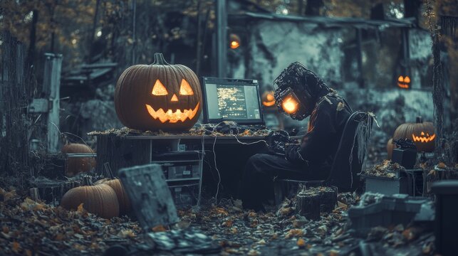 A shadowy figure sits in front of a computer in a dark, autumnal setting, illuminated by the eerie glow of jack-o'-lanterns.