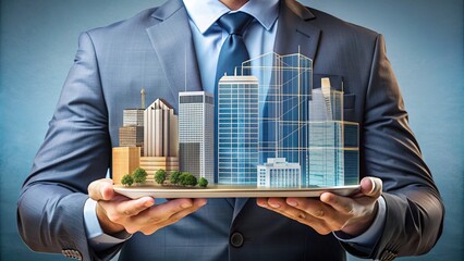 Illustration of a person holding a 3D model of a city next to a 2D blueprint, comparing old and new architectural designs side by side.