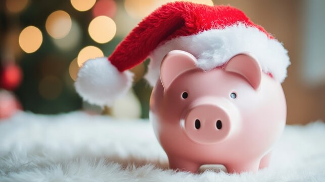 A pink piggy bank with a festive Santa hat, representing holiday savings and Christmas budgeting.