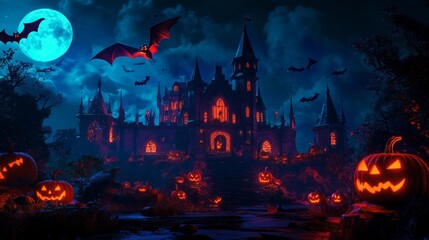 A spooky Halloween scene with a haunted castle, glowing pumpkins, bats flying around a full moon, and an ominous dark forest.