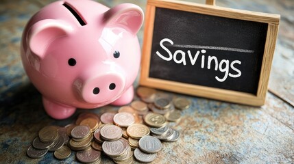 A pink piggy bank with a pile of coins and a small chalkboard sign reading "Savings".