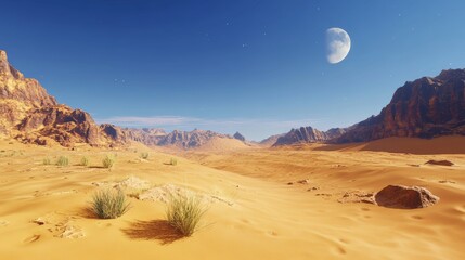 Fototapeta premium Vast, arid desert, golden sand dunes, endless horizons, high quality, photorealistic, tranquil, remote, camel caravan, nomadic, breathtaking, clear blue sky, oasis, solitude