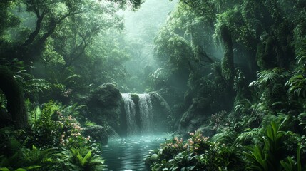 tropical rainforest, dense foliage, diverse wildlife, exotic birds, high quality, photorealistic, vibrant, breathtaking, waterfalls, misty, emerald green, ancient trees, hidden trails, untouched