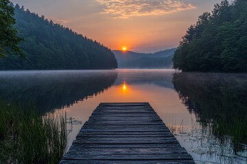 Fototapeta premium Peaceful, serene lake, mirror-like surface, misty morning, high quality, photorealistic, majestic mountains, pine trees, colorful autumn foliage, reflection, tranquil, secluded, remote, idyllic