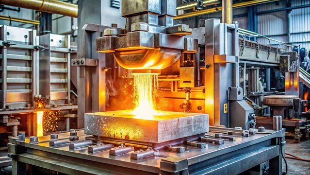 Industrial die-casting machine with molten metal pouring into mold, producing precision parts, highlighting manufacturing and production process in a modern factory setting.