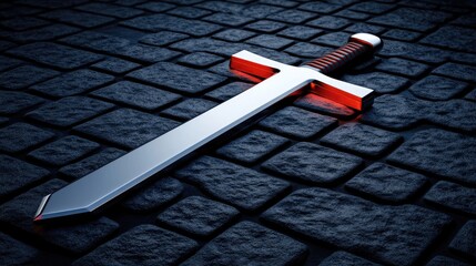 A legendary sword with a glowing red blade rests on the ground, radiating an enchanting neon light in a mystical medieval setting