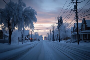A snow-covered street stretches out under a gray winter sky, flanked by houses and lined with electrical wires, capturing the serene stillness of a winter day in a quiet neighborhood.