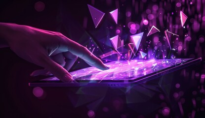 Futuristic tablet interaction with a hand, holographic shapes emerging in vibrant purple tones on a dark background