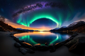 A stunning panorama of the Northern Lights stretching across the entire sky, with the Milky Way faintly visible in the background