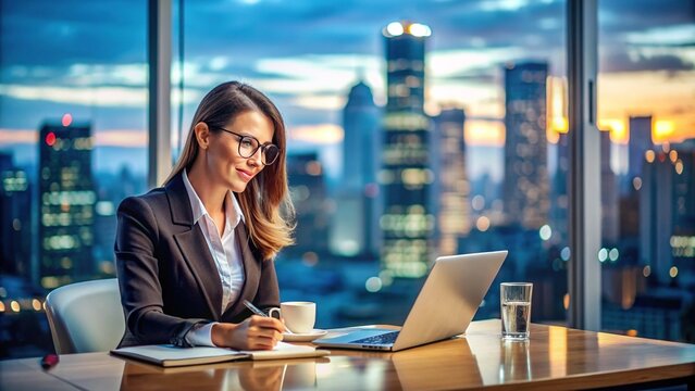 Intelligent and confident businesswoman sitting at a desk with a laptop, notes, and a cup of coffee, surrounded by a cityscape background at dusk.