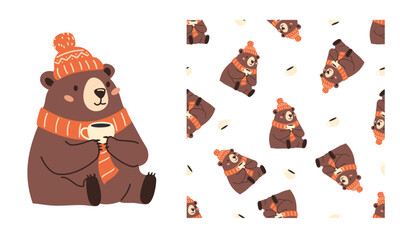 A set of prints for printing on children's products. Seamless vector pattern and print for printing. Cute bear drinking tea with hat and scarf. Vector illustration