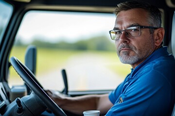 A focused man driving a large vehicle. His serious expression captures the essence of responsibility. Perfect for transportation themes. Generative AI