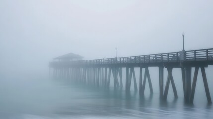 Fototapeta premium A foggy pier extending into calm waters, creating a serene and mysterious atmosphere.
