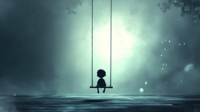 A cartoon character sitting on a lone swing, surrounded by emptiness, capturing the essence of feeling alone in a vast, empty world