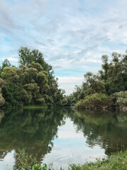 A calm river with trees on both sides. The water is still and the sky is cloudy. The scene is peaceful and serene