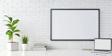 Photo of a blank frame on an office wall with white brick, and a desk in front of it. A web banner with available
