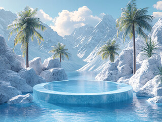 a round ice swimming pool nestled among palm trees and mountains, all bathed in a soft pink hue.