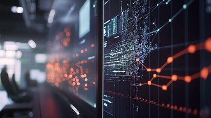 Data visualization dashboard displaying network connections and analytics in a modern office environment during the evening