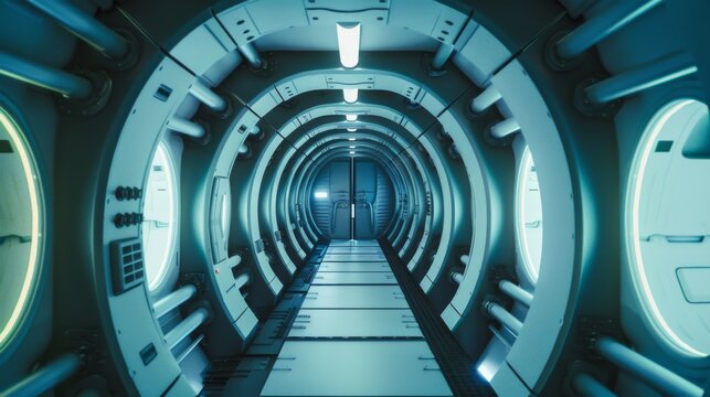 A futuristic, well-lit corridor stretches out in a cylindrical shape, evoking a sense of space exploration and high-tech environments.