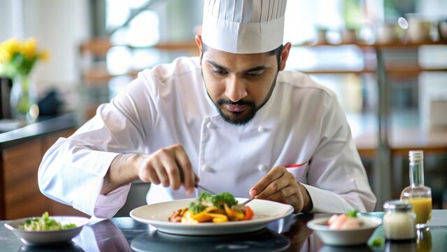 Indian Chef in Traditional Outfit – A skilled Indian chef in traditional attire preparing dishes in a high-end restaurant.
