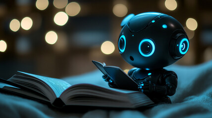 A futuristic robot reading a book in a cozy setup with soft lighting and decorative elements at night