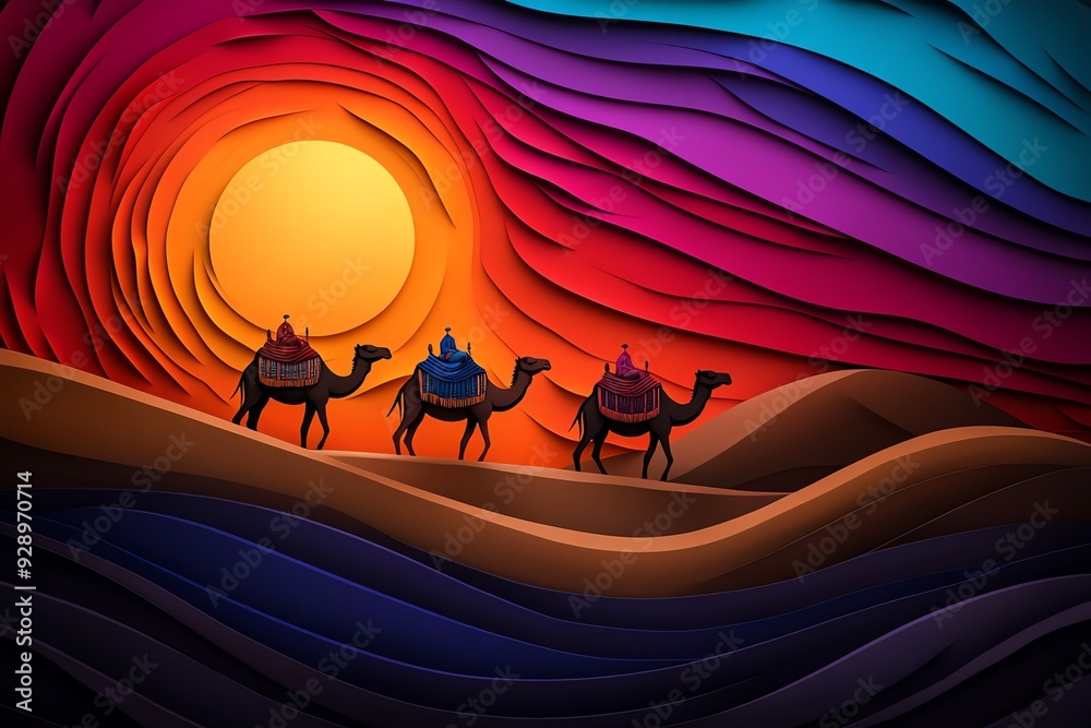 Poster A vibrant illustration capturing the rhythm and movement of a camel caravan in a stylized, almost musical flow across the desert