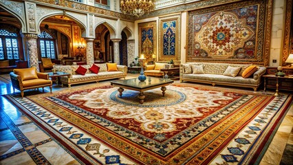 Obraz premium Intricately patterned Turkish rug lies on a ornate marble floor, surrounded by opulent furnishings and lavish textiles, evoking the grandeur of the Ottoman Empire era.