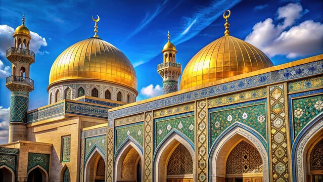 Intricately ornate Islamic architecture, adorned with golden accents and Arabic calligraphy, shines brightly against a vibrant blue sky in a serene, historic Middle Eastern setting.