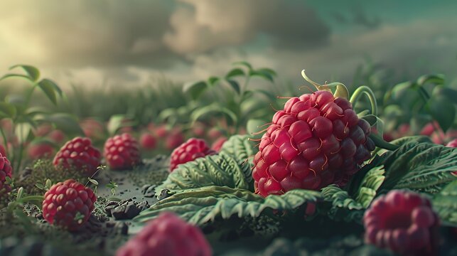 A close-up of a single ripe raspberry surrounded by other raspberries and green leaves.