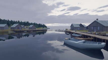 Obraz premium Tranquil waterfront village with wooden houses and boats at dawn