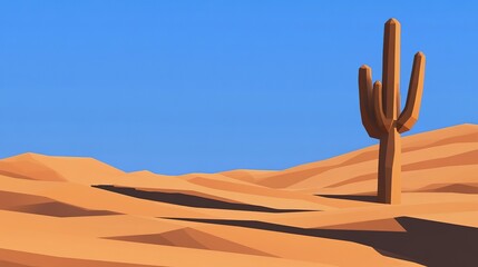 A solitary cactus rises from sandy desert dunes under a clear blue sky in a remote landscape