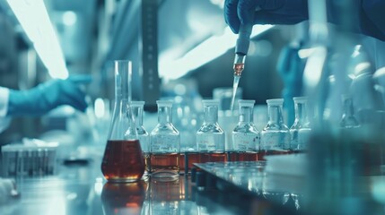 Scientist conduct chemical experiments and research in medical lab as groundbreaking developing for vaccine drug or antibiotic. Pharmaceutical and biochemistry laboratory. Neoteric