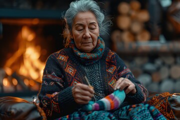Grandmother knitting colorful socks for her grandchildren.