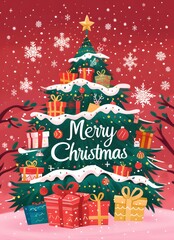 Merry christmas card with a tree and presents