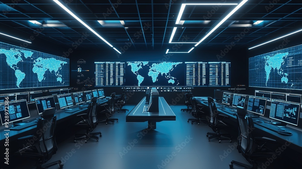 Poster high-tech control room with multiple screens displaying world maps and data analytics at night