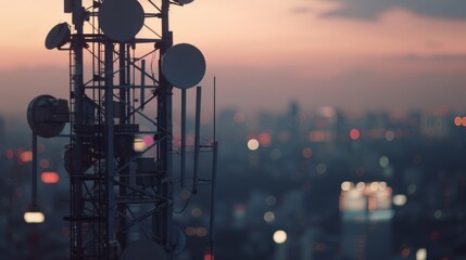 A telecommunication tower stands tall with numerous antennas against the backdrop of a cityscape at dusk, lights twinkling in the distance.