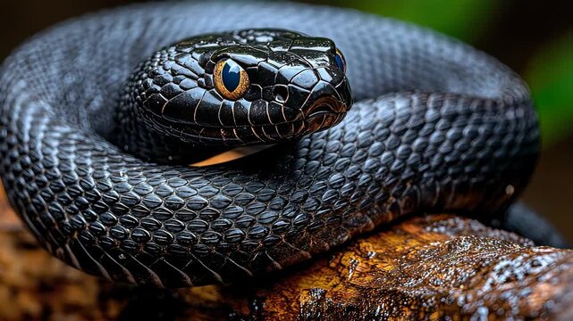 Black snake resting gracefully on a branch in its natural forest environment