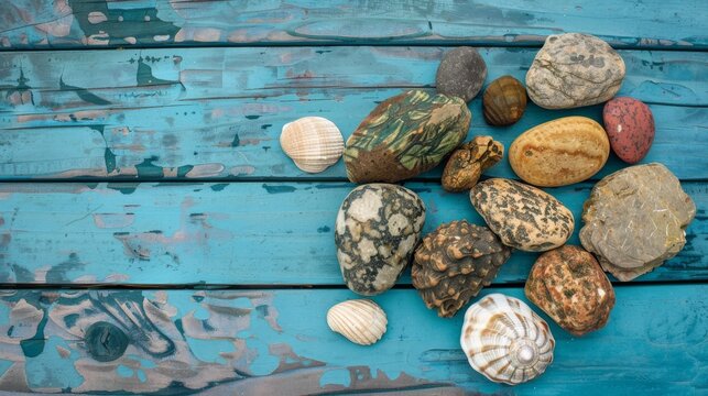 An eclectic assortment of seashells and stones sits on a weathered blue-painted wooden surface, capturing a beachcomber's finds.