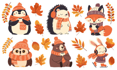 Cute set of vector illustrations in children's style. Autumn animals fox fox penguin hare bear owl and hedgehog in warm scarves and hats, wearing headphones, drinking tea. Autumn leaves . Vector