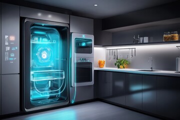 A futuristic kitchen with a refrigerator that has a hand on it. The kitchen is well lit and has a modern feel