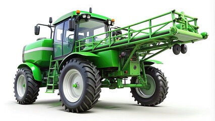 Obraz premium Isolated 3D illustration of a modern farm sprayer machine with sleek design and vibrant green color, set against a clean white background, highlighting agriculture technology.